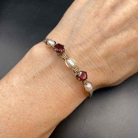 Vintage Garnet Freshwater Pearl Bracelet 14K Gold Plated Wire Wrapped Hand Made - Picture 1 of 8